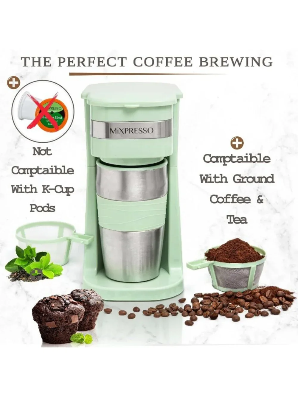 Single Serve Coffee Maker with 14oz Travel Mug - Compact & Portable Green Design